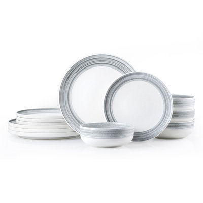 Stoneware Dinnerware Set for 4, 12-Piece Striped Ceramic Plates & Bowls