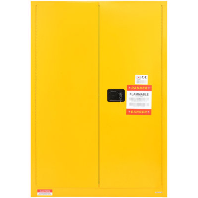 Armoire pour liquides inflammables 45 gallons, acier, 42,9 x 18,1 65,2 po, preuve, jaune, utilisation industrielle, 2 tablettes réglables, portes manuelles, ventilée, sécurisée avec des trous de ventilation en acier pour conducteur de mise à la terre,