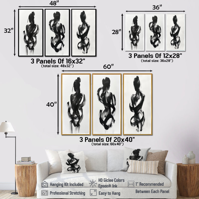 Silhouette de femme minimaliste I - Collection de 3 grands panneaux modernes sur toile, H 32 po x l 48 po, Toile tendue