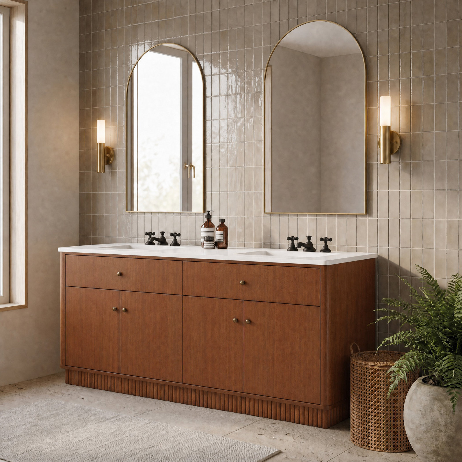 Duncan Oak Carved Plinth Bathroom Vanity with Quartz Top, 72"