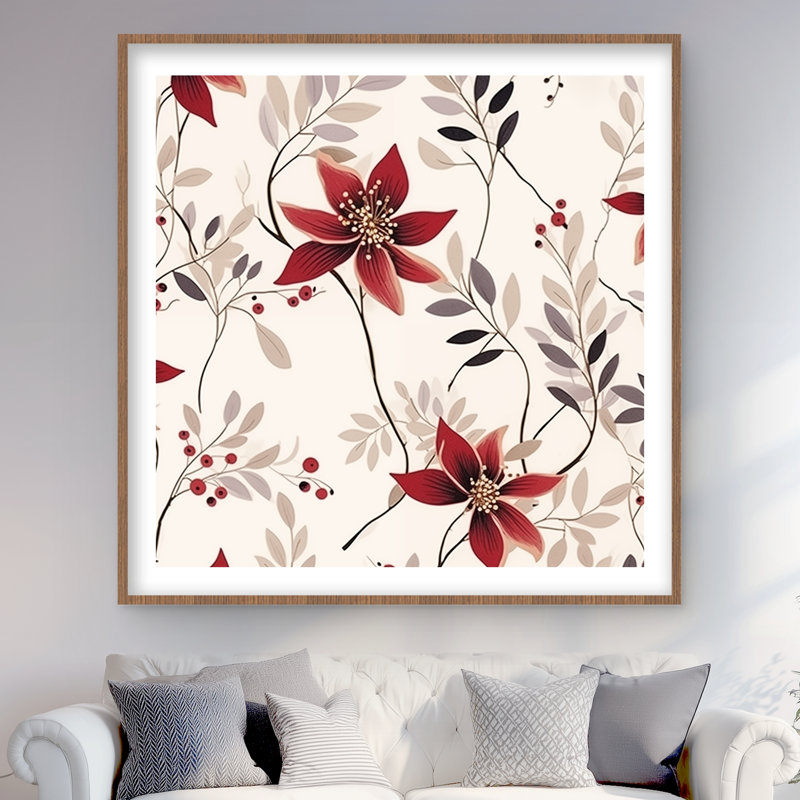 Motif de fleur rouge - imprimé mat gris encadré pour la décoration intérieure