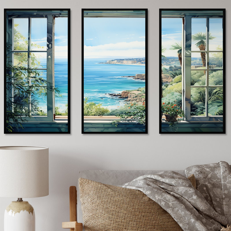 Seaside Tropical View II - Coastal Windows Wall Art, 28" H x 36" W x 1" D, Black Floater Framed
