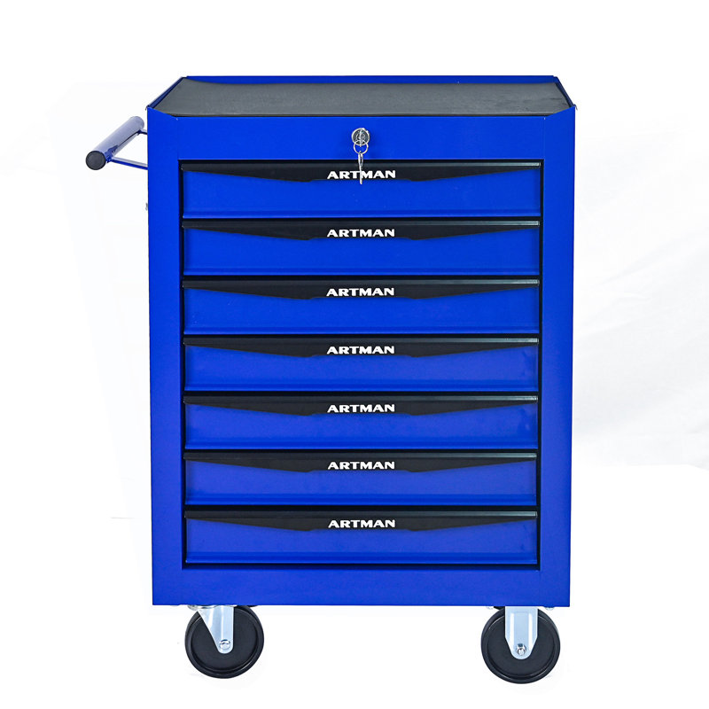 Coffre à outils roulant en métal avec 7 tiroirs, armoire d'appoint, Noir / Bleu