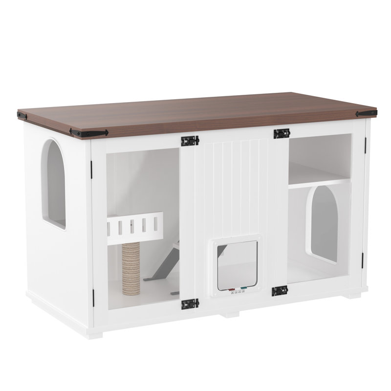 Enceinte de litière pour chat 47,25 "avec DEL, escalier de maison et poteau à griffes, table d'appoint, blanc - isole les odeurs, surface supérieure de grande capacité facile à nettoyer, odeurs