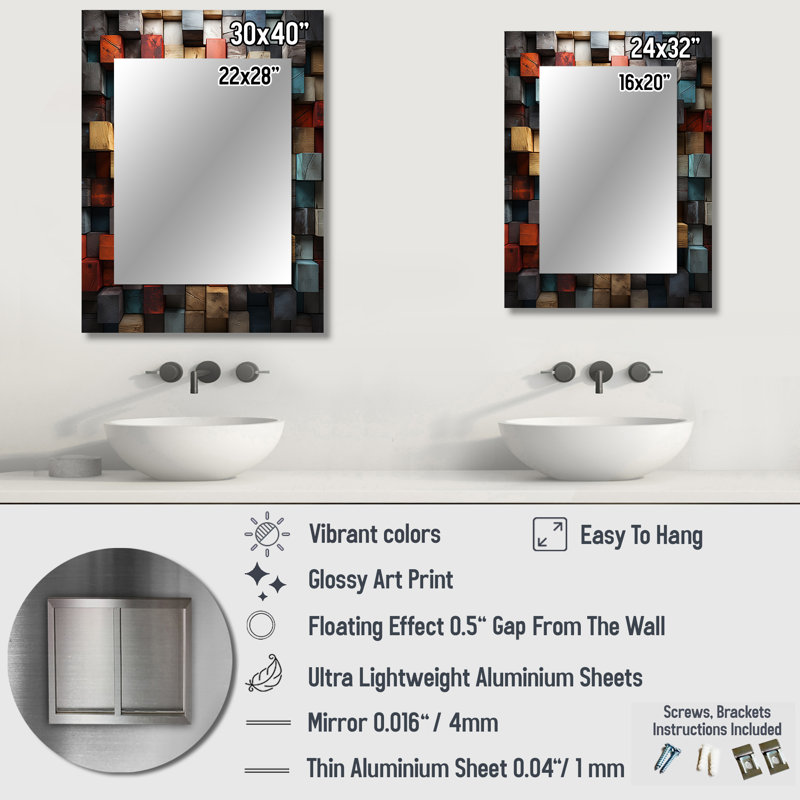 Blue and red abstract cubes IV - Cubism Unique Wall Mirror, Modern Mirror, Printed Metal Art, 40" x 30"