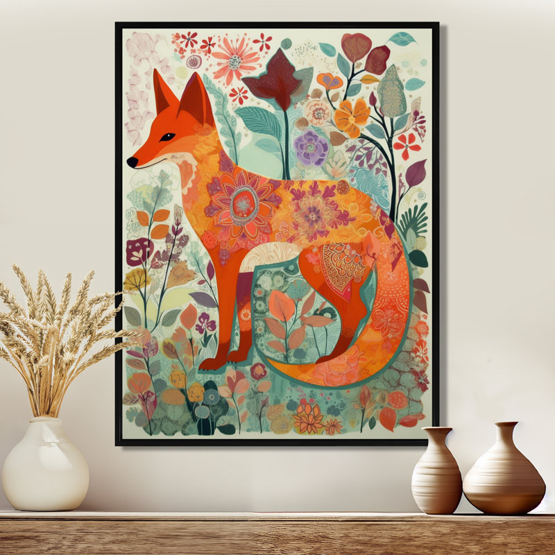 Boho renard dans une forêt de fleurs, Toile flottante noire encadrée, H 32 po x l 16 po