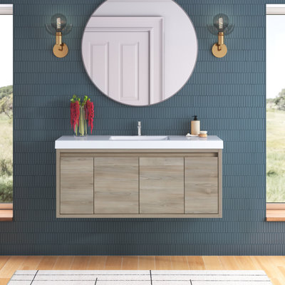 Meuble-lavabo mural simple de 48,5 po avec comptoir en marbre synthétique pour la salle de bain
