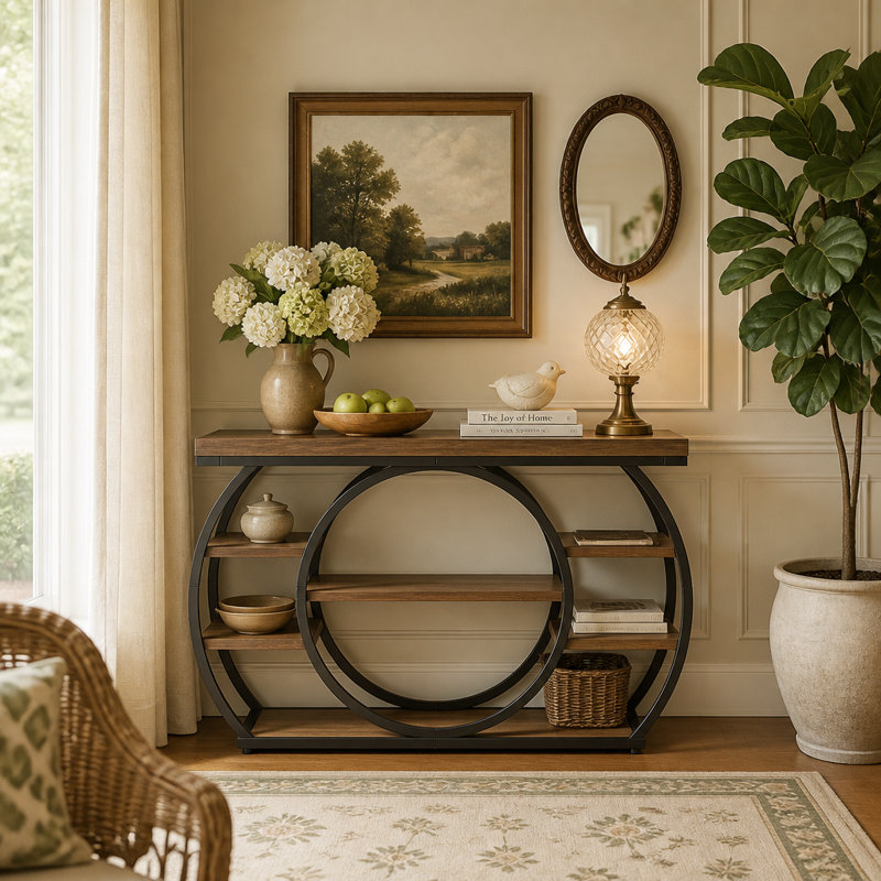 Console de 120 cm (47,24 po), table basse industrielle à 5 niveaux avec structure en métal, Noyer, noir, Noyer, Noir