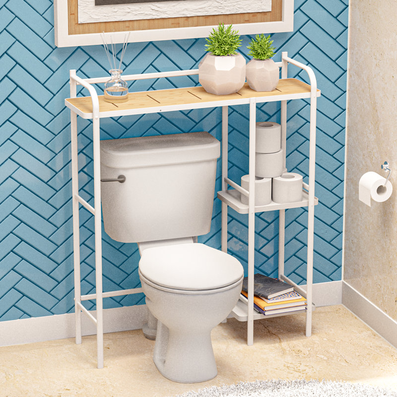 Neshka 3-Tier Over-the-Toilet Storage Organizer, White with Bamboo Accent Shelf