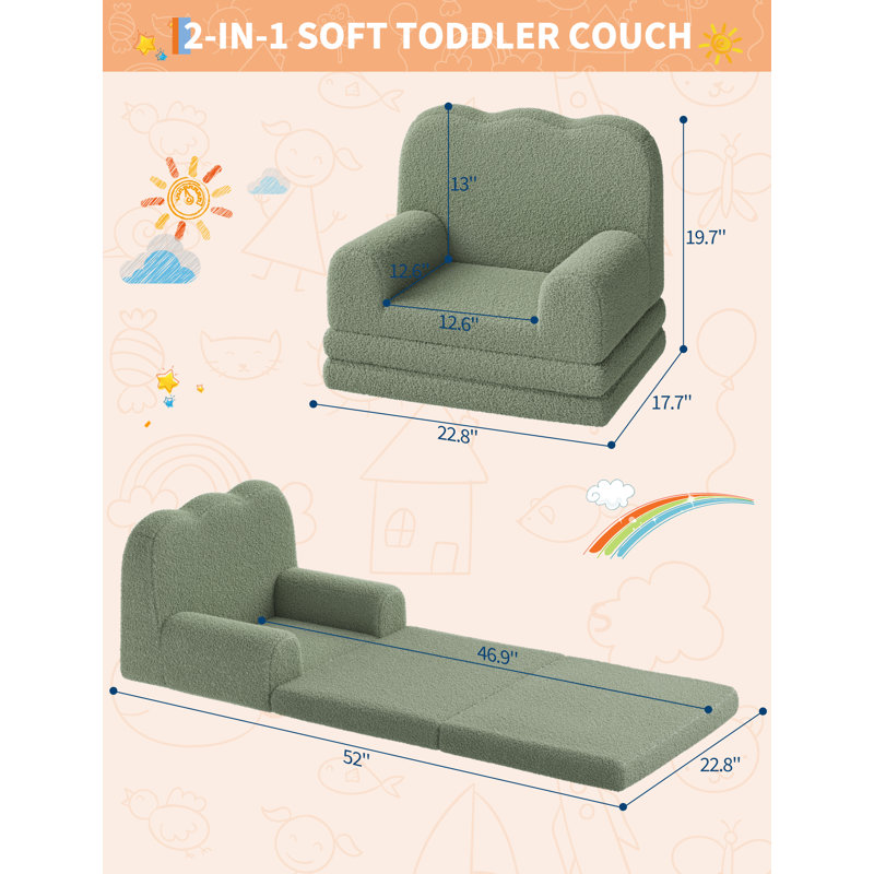 Kids Couch, 2-in-1 Convertible Teddy Fleece Fabric Toddler Sofa Chair, Soft Fold Out Couch Lounger for Kids, Comfy Children's Sofa Bed for Playroom