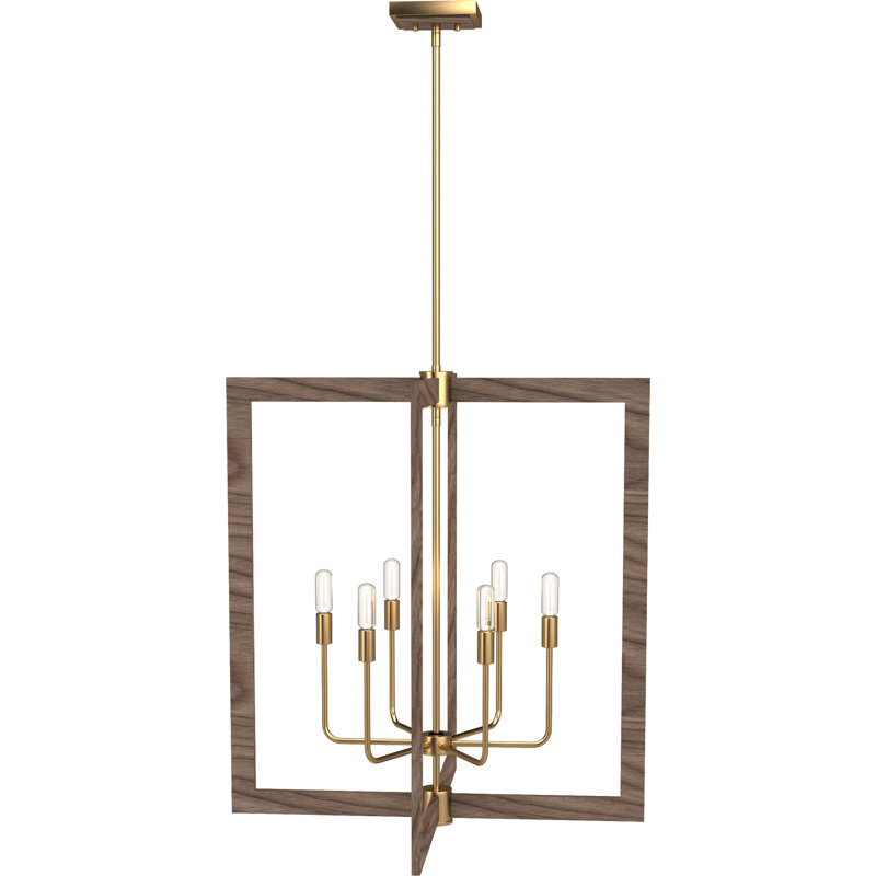  Lustre candélabre suspendu carré / rectangulaire à 6 lumières en pacane et or antique pour l'intérieur