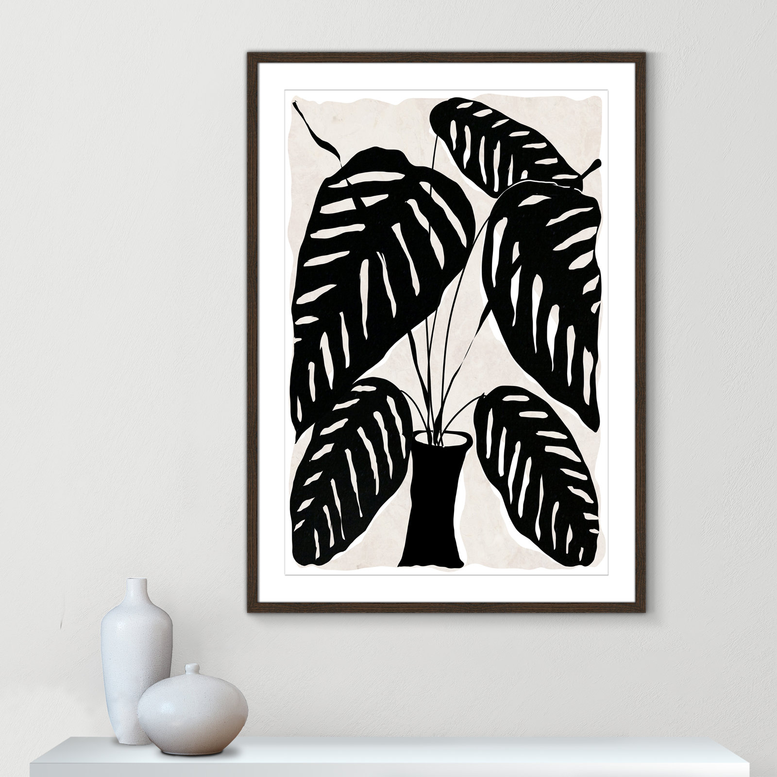 Black and White Potted Plant I Print, 41.5" H x 29.5" W x 0.75" D, Walnut Framed