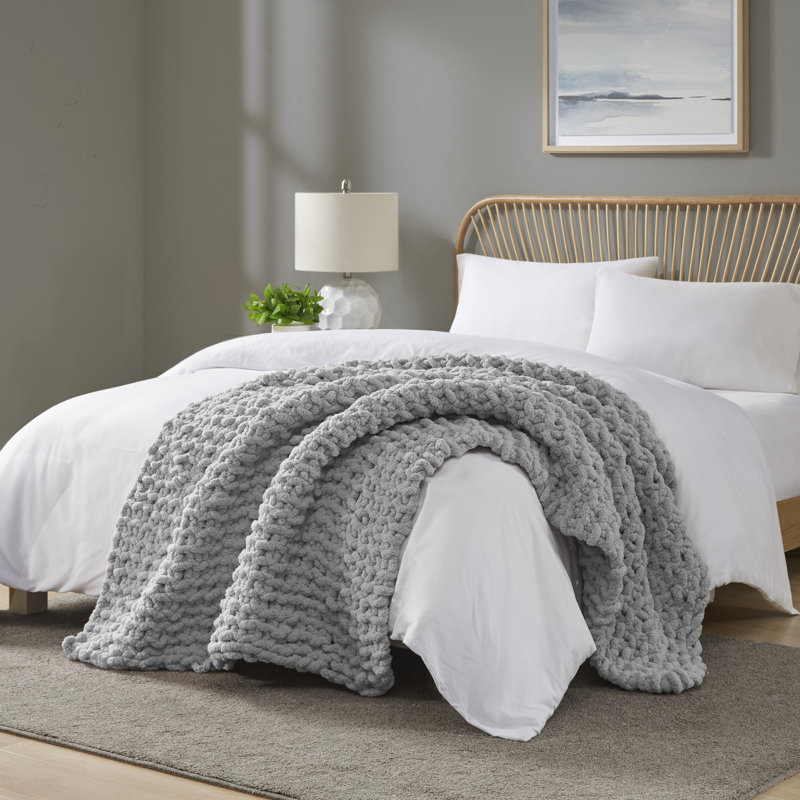 Plaid en maille épaisse chenille grise, luxueux et doux, fait main, 127 x 152 cm, Gris