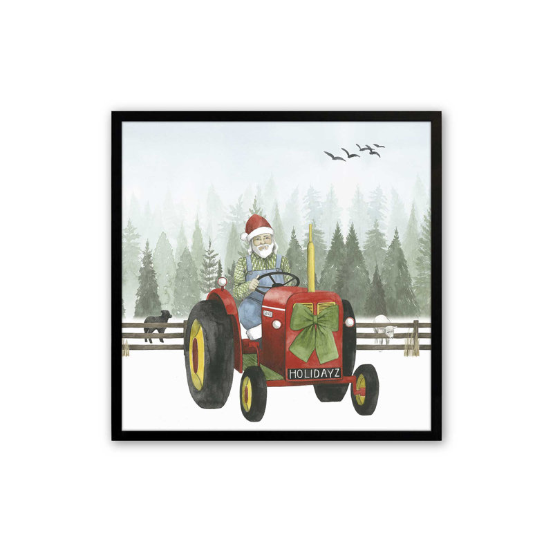 «Santa's Christmas Tractor Ride I Print», H 13,5 po x l 13,5 po, Cadre simple noir satiné, bois massif