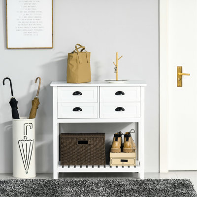 Console blanche avec rangement à 4 tiroirs et tablette à lattes
