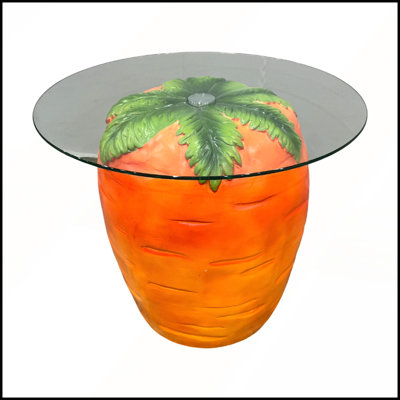 Table d'appoint en forme de carotte, tabouret de fruit en résine de 40 cm avec dessus en verre, table d'appoint originale pour salon