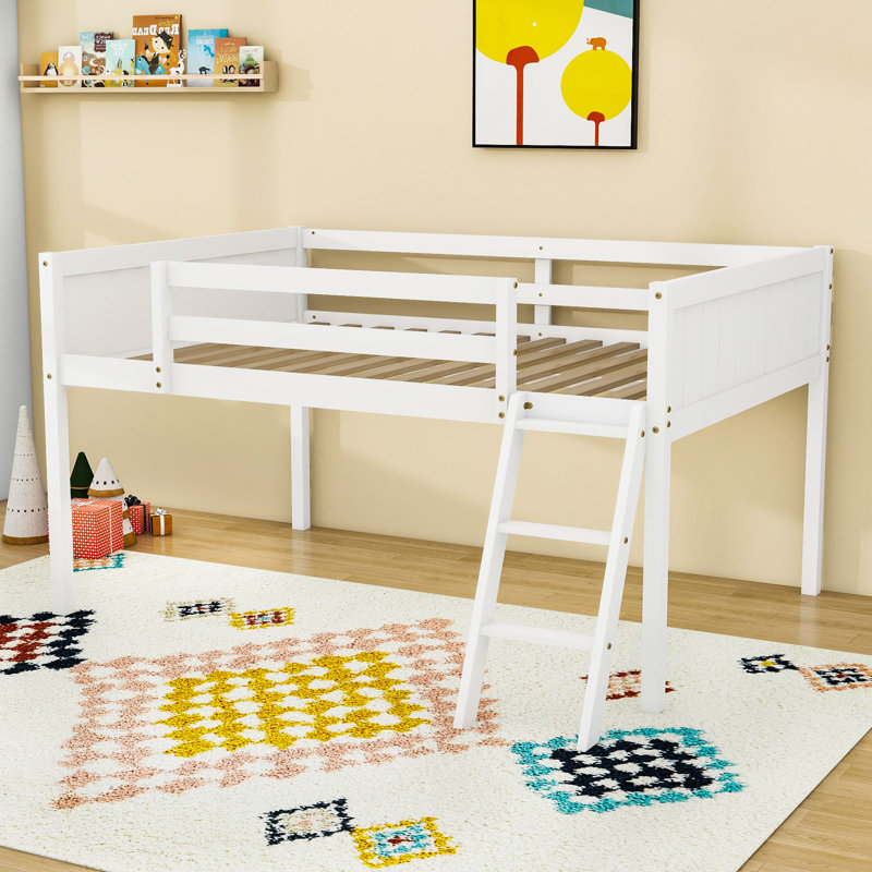 Wood Low Loft Bed with Ladder, ladder can be placed on the left or right, Full / Double , White