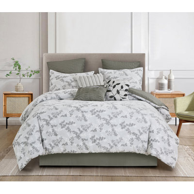 Ensemble d'édredon 9 pièces pour lit complet, tissu jacquard de qualité supérieure, motif de feuilles botaniques vert sauge olive et gris, édredon avec jupe de lit, taies décoratives, taies décoratives européennes et coussins décoratifs, très grand californien, keven