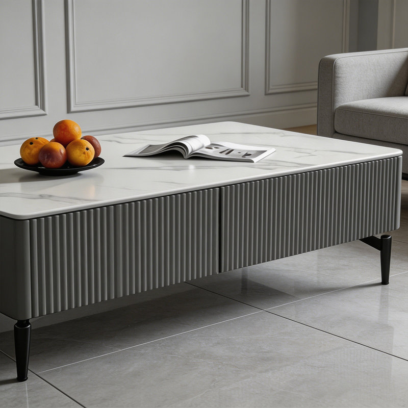 Table basse rectangulaire en pierre frittée, Picture color / Black, 15.75" H x 47.24" W x 23.62" D