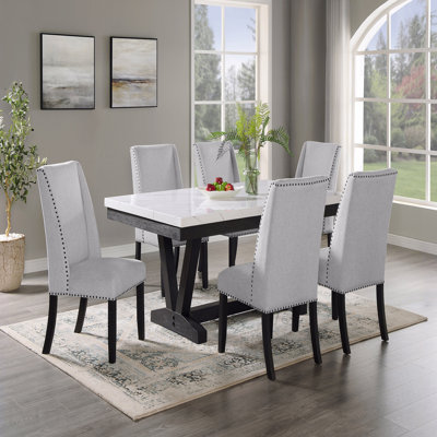 Transitional Modern Formal Dining Table White Faux Marble Rectangular Top Trestle Base Black Metal Legs