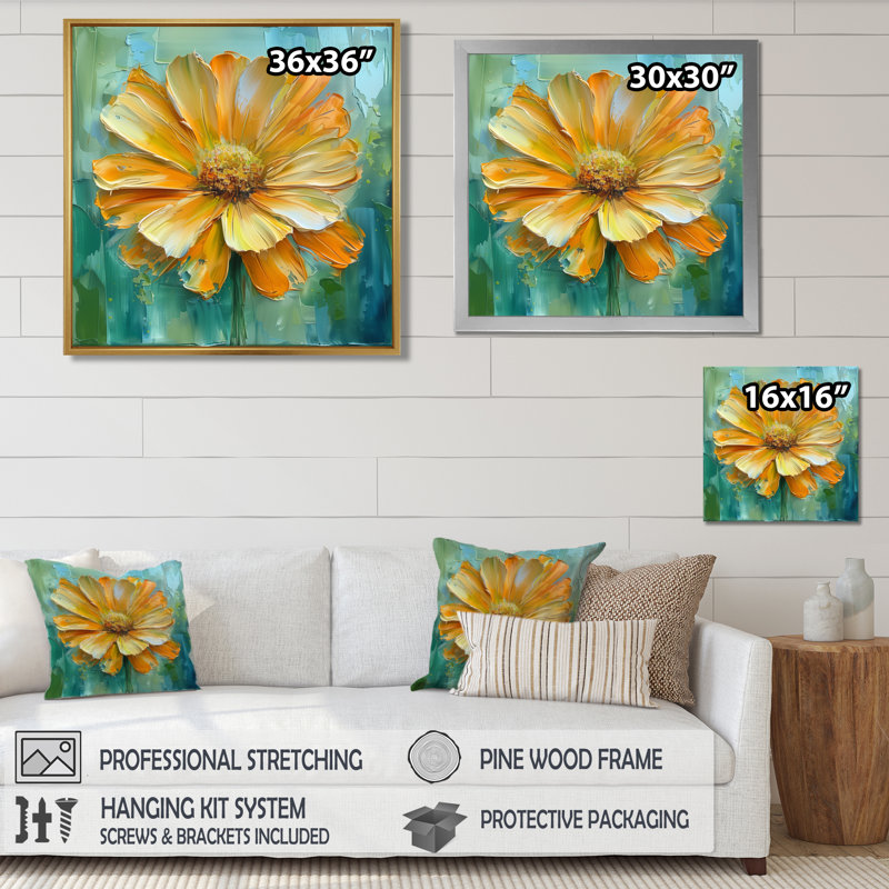 Jaune jaune fleuri souci fleur II - souci mural art salon, Cadre flottant doré, H 16 po x l 16 po