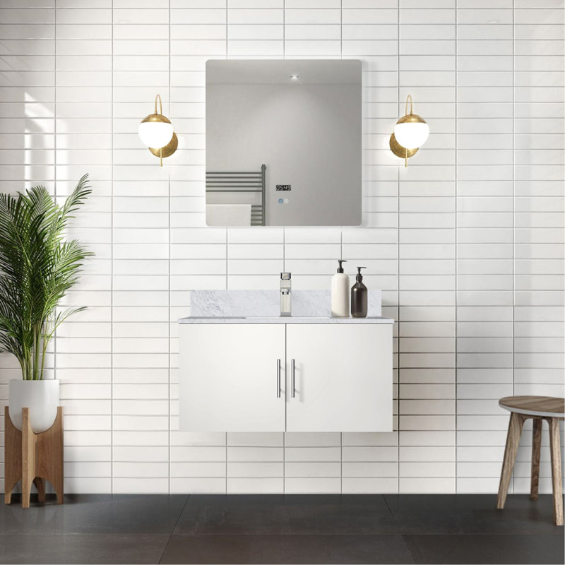 36 po L x P 22 po. Meuble-lavabo blanc brillant, comptoir en marbre, robinet, miroir à DEL - aux rayures et aux taches