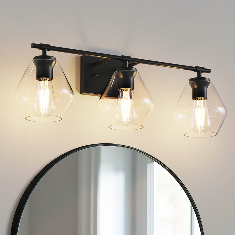 Alcide 25 In. 3-Light Black Vanity Light With Clear Cone Glass Shades For Bathroom, Living Room, Entryway, Clear