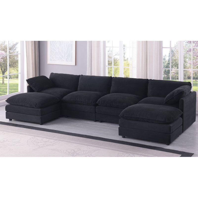 142” W Oversized 6-seater Composable Modular Sofa With 2 Ottomans, Black Corduroy