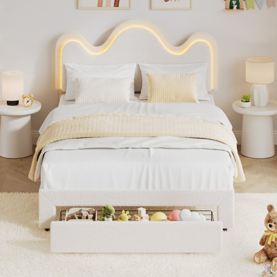 Cadre de lit pour fille Princess Boucle - tête de lit à fleurs réglable, lumières DEL, 2 tiroirs de rangement, lattes en bois massif, aucun sommier requis, assemblage facile - blanc, COMPLET