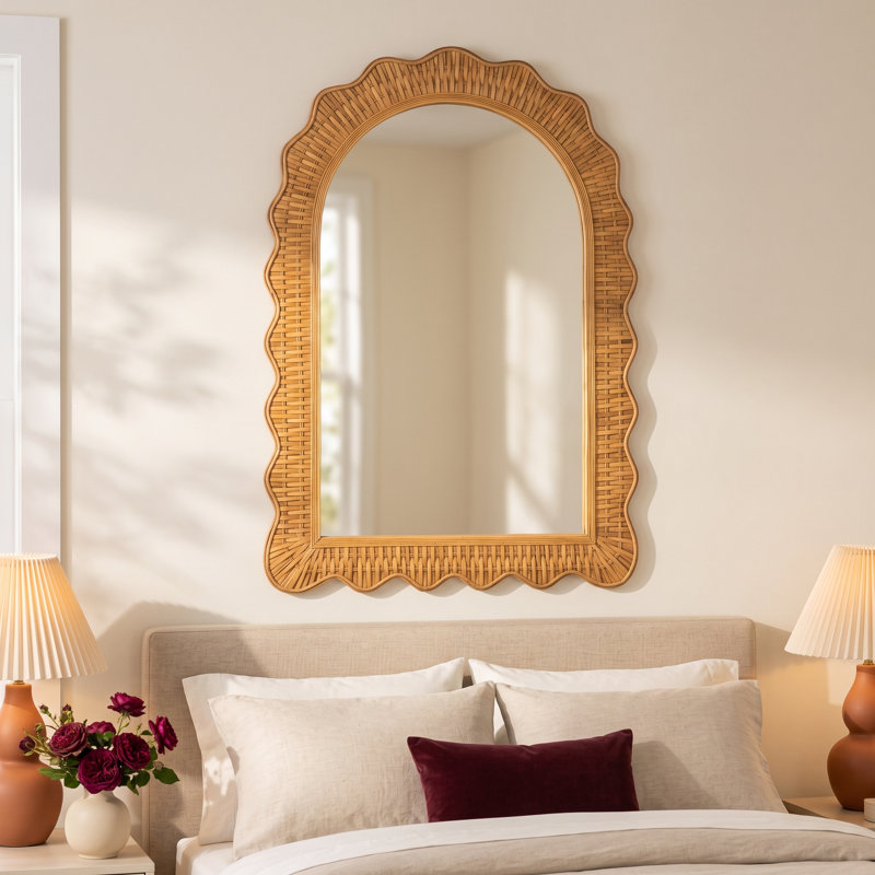 Bianca Arched Wall Mirror with Scalloped Woven Rattan Frame