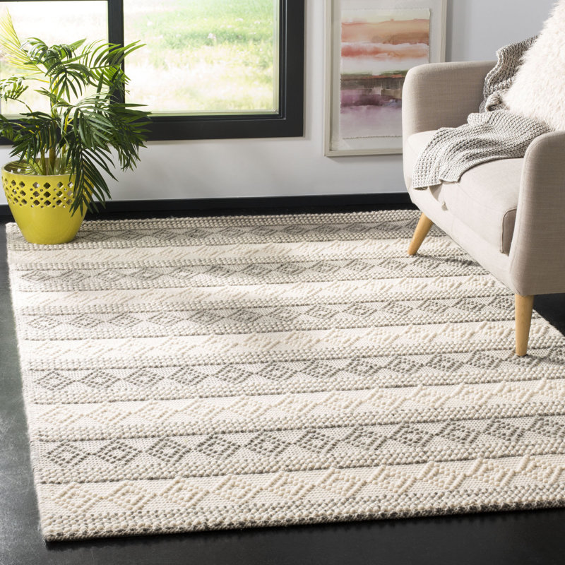 Diara Hand Woven Wool/Cotton Geometric Rug in Ivory/Gray, Rectangle 9' x 12'