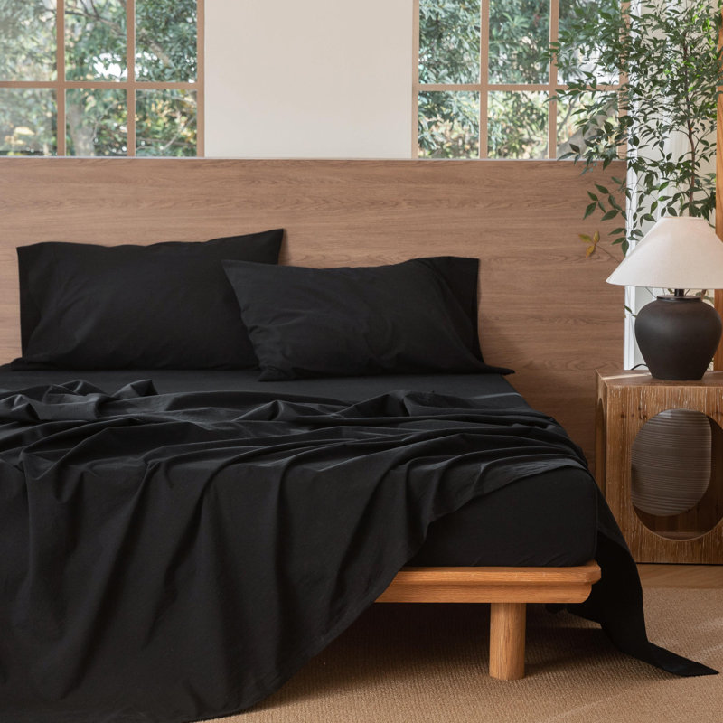 Ensemble de draps MooMee, Ensemble de draps pour très grand lit avec 2 taie, Noir, noir, noir, noir