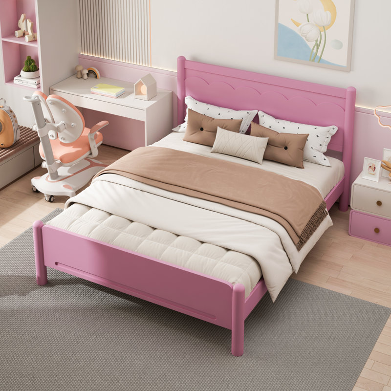 Structure de lit plateforme en bois pour grand lit avec tête de lit et support en lattes de bois, rose, Grand, Rose