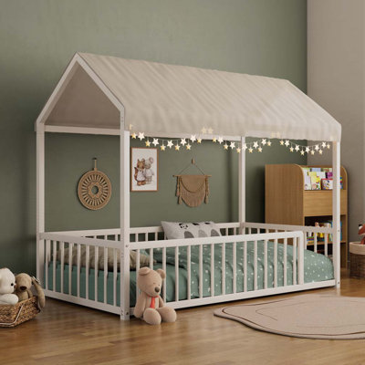 Metal Floor Bed Frame, House Shaped Bed with Fence