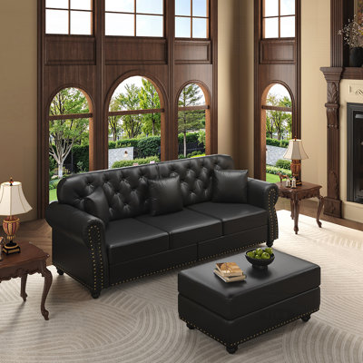 Canapé Chesterfield de style Mid-Century moderne avec capitonnage capitonné, garniture cloutée et accoudoirs roulés, comprend 3 coussins