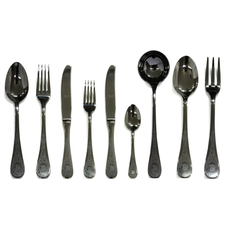 Diana 75 - Piece Stainless Steel Flatware Set - Service for 12, Black Gold