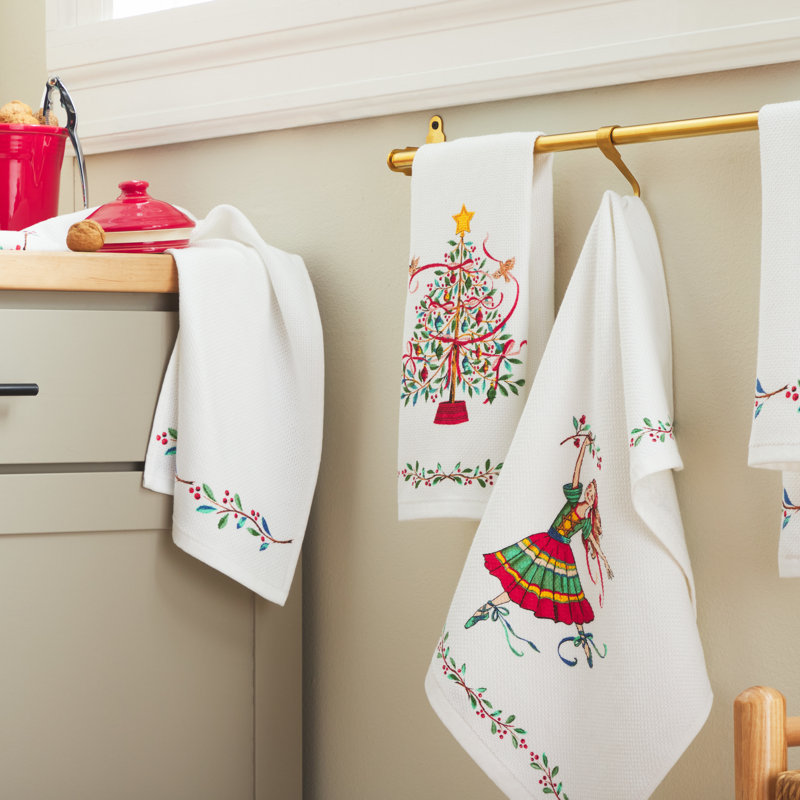 Ensemble de 2 serviettes de cuisine FIESTA Ballerina Holiday Holly Sprig, blanc / rouge / vert, 16 x 28