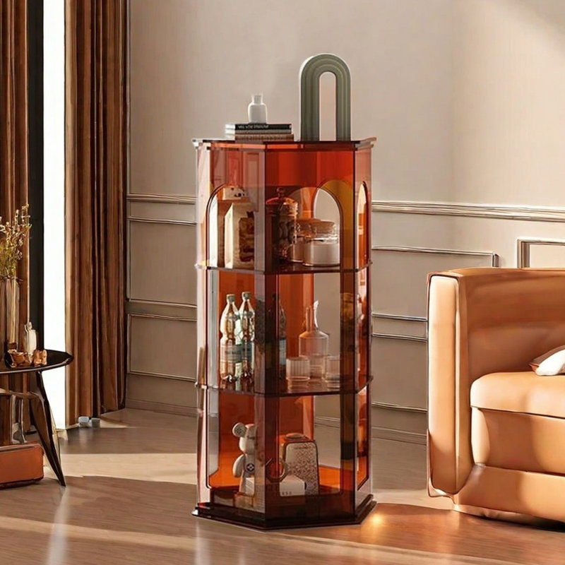 Modern simple semi-circle acrylic accent cabinet, Amber Brown, (3 Shelves) 45.28"H x 22.2"W x 19.23"D