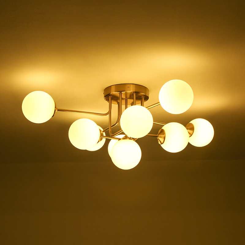 Plafonnier semi-encastré moderne en verre givré 9 lumières Spoutnik, Laiton