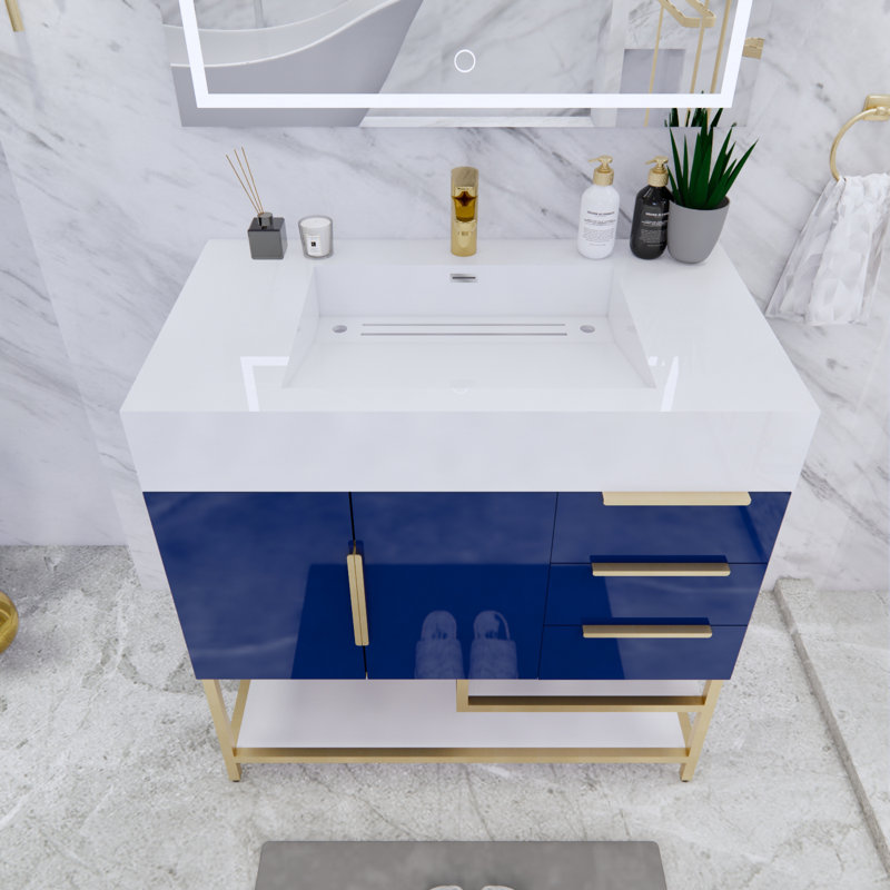 Ensemble de meuble-lavabo simple 36 po Glasgow, Blanc, Bleu nuit ultrabrillant
