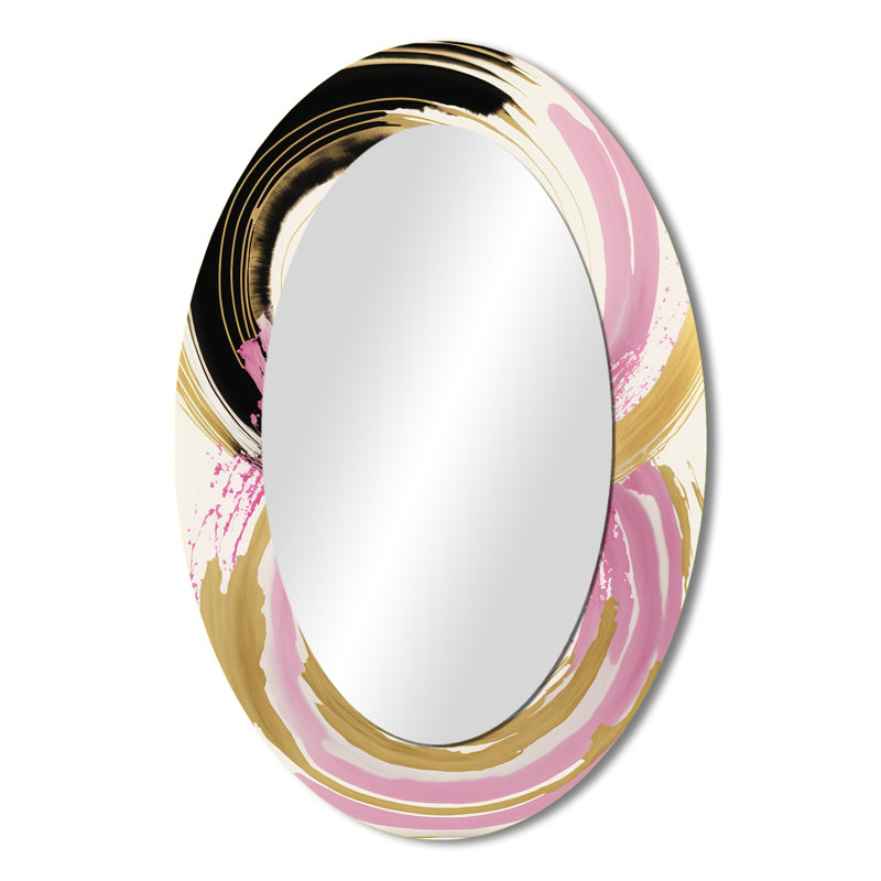 Pink And Gold Curves IV - Abstract Oval Decorative Mirror On Metal, 36" x 24"