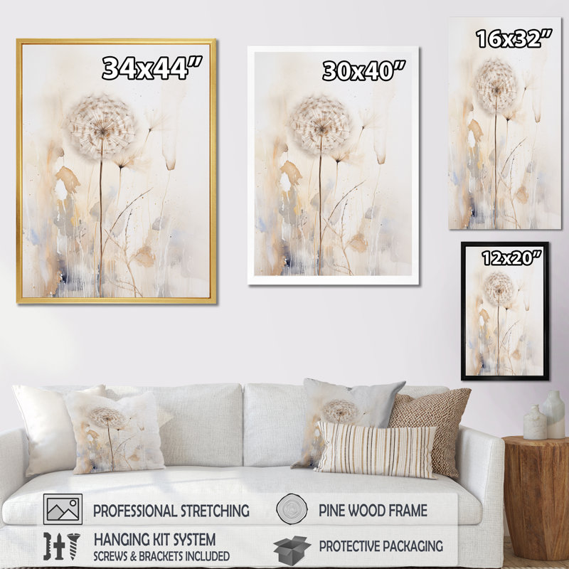 " Dandelion Muted Tone II ", Black Single Picture Framed, 32" H x 16" W x 1" D