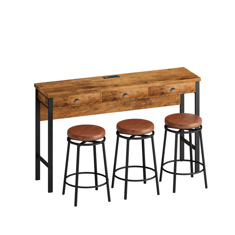 Arcole 3-Drawer Long Dining Table Set with Power Outlets, Bar Kitchen Table Set with Circular Stools, Brown/Black, Brown