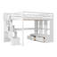 Lit mezzanine double avec bureau et tablettes, deux tiroirs intégrés, escalier de rangement, blanc