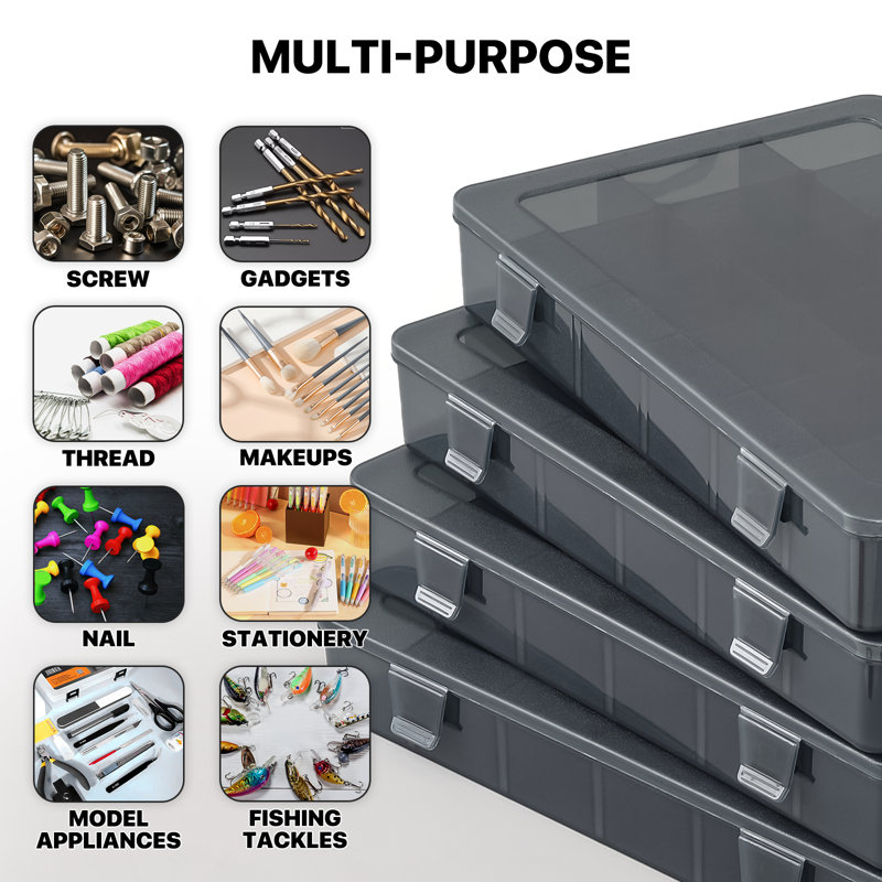 4Pcs 18 Grids Plastic Compartment Box Organizer Storage Container With Adjustable Divider & Bracket