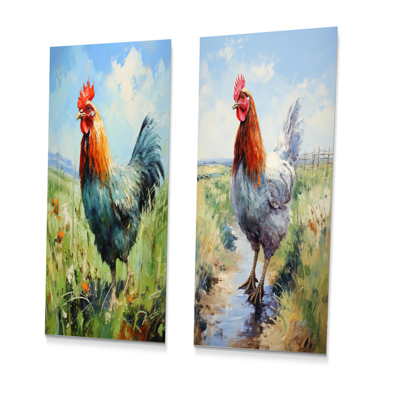 «Farm Rooster Countryside Meadow I», ensemble de 2 coqs en métal, H 28 po x l 24 po