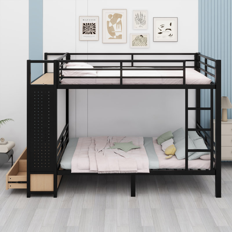 Lit superposé multifonctionnel pour adolescents avec tiroirs, tablettes et panneau perforé