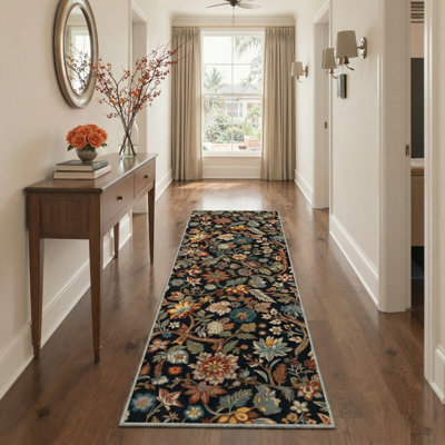 Aazad Floral Machine Washable Black / Green Indoor Area Rug with Non-Slip Backing