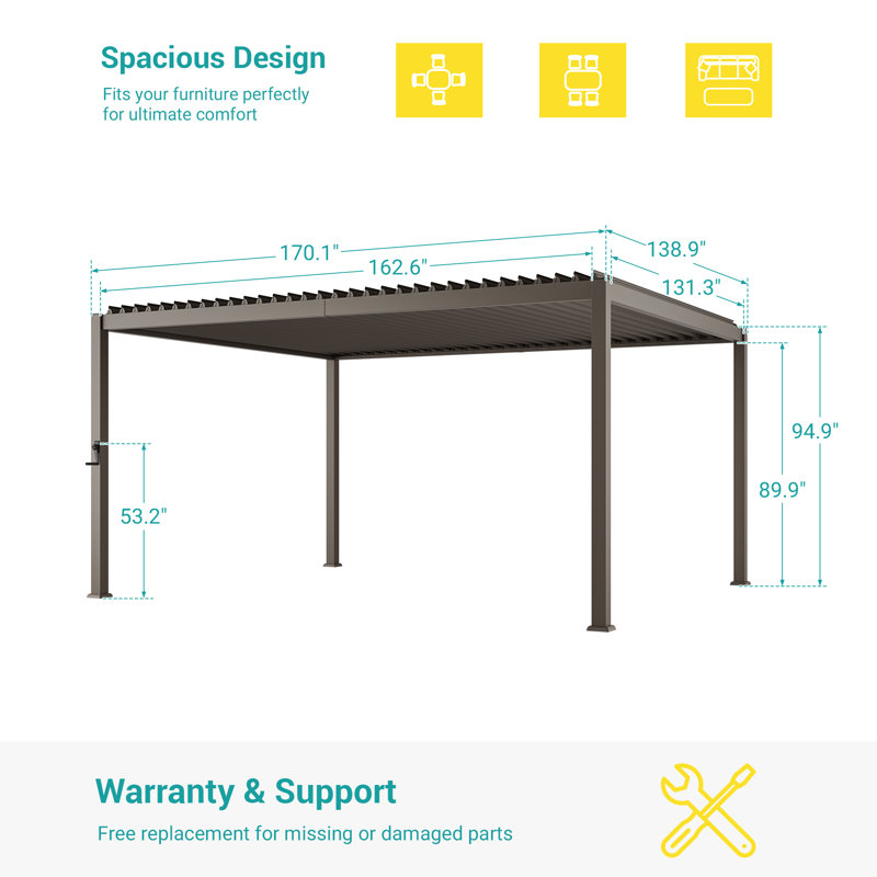 Durable Metal Pergola with Adjustable Louvered Roof for Outdoor Garden, 12 ft x 14 ft