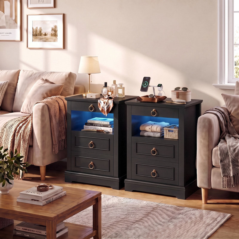 3-Drawer Dresser, 2 Pcs, White & Black, Set of 2, Black